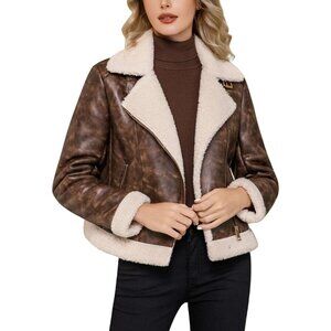 Women's Mixed Brown Leather Jacket Fur Winter Coat Warm Thick Fur Lined Faux